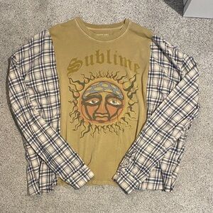 Upcycled Graphic Long Sleeve Flannel Shirt - Tan and Blue